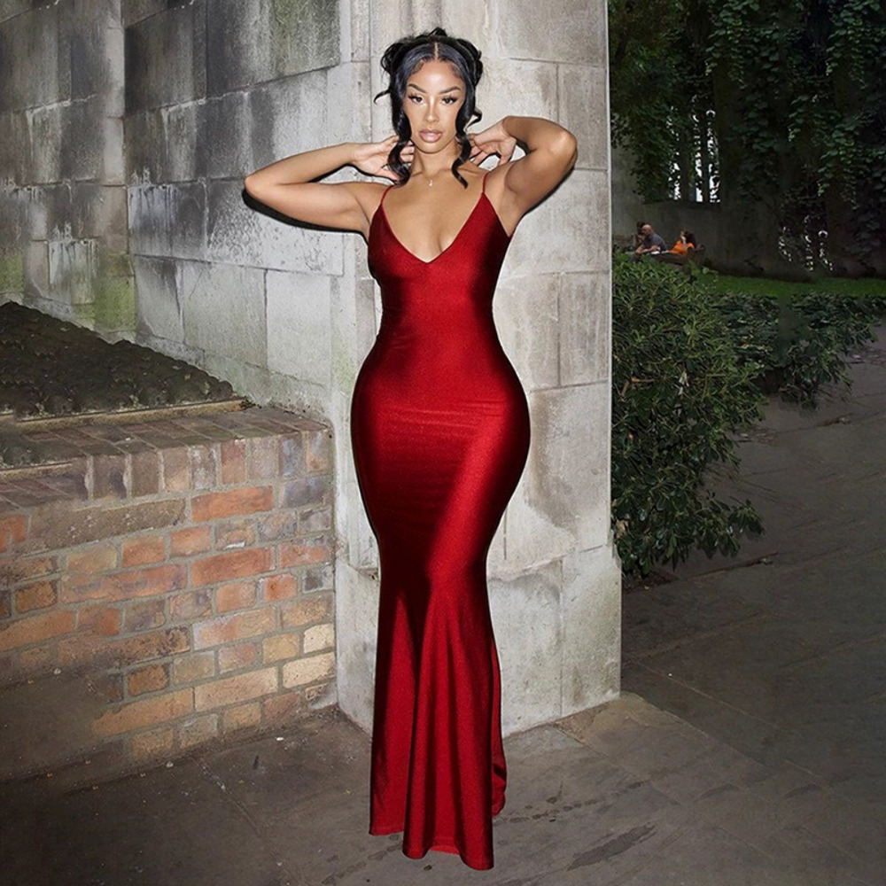 ZARA Red Deep V Backless Strappy Mermaid Dress